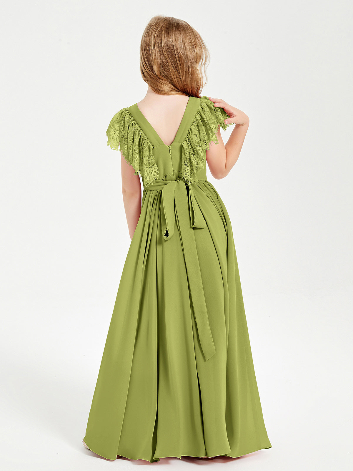 Chiffon Junior Bridesmaid Dresses with Lace Flutter Sleeves Clover